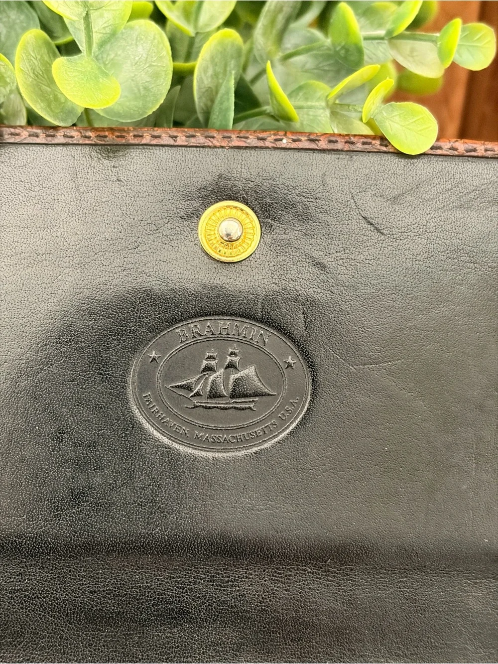 BRAHMIN Croc-Embossed Black and Brown Leather Trifold Wallet